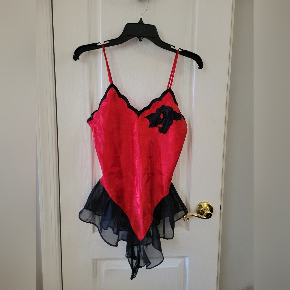 Victoria’s Secret Vintage Gold Label Red Satin & Chiffon Ruffle Teddy Lingerie S